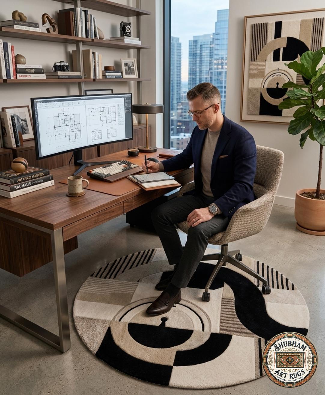 Hand Tufted Wool Abstract Round Rug, Black Beige Geometric Modern Carpet