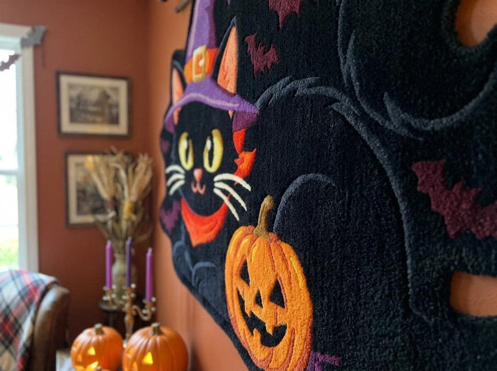Hand Tufted Halloween Cat Rug, Black Cat Witch Rug, New Zealand Wool Area Rug, Spooky Pumpkin Decor, Gothic Fall Home Accent Gift Idea