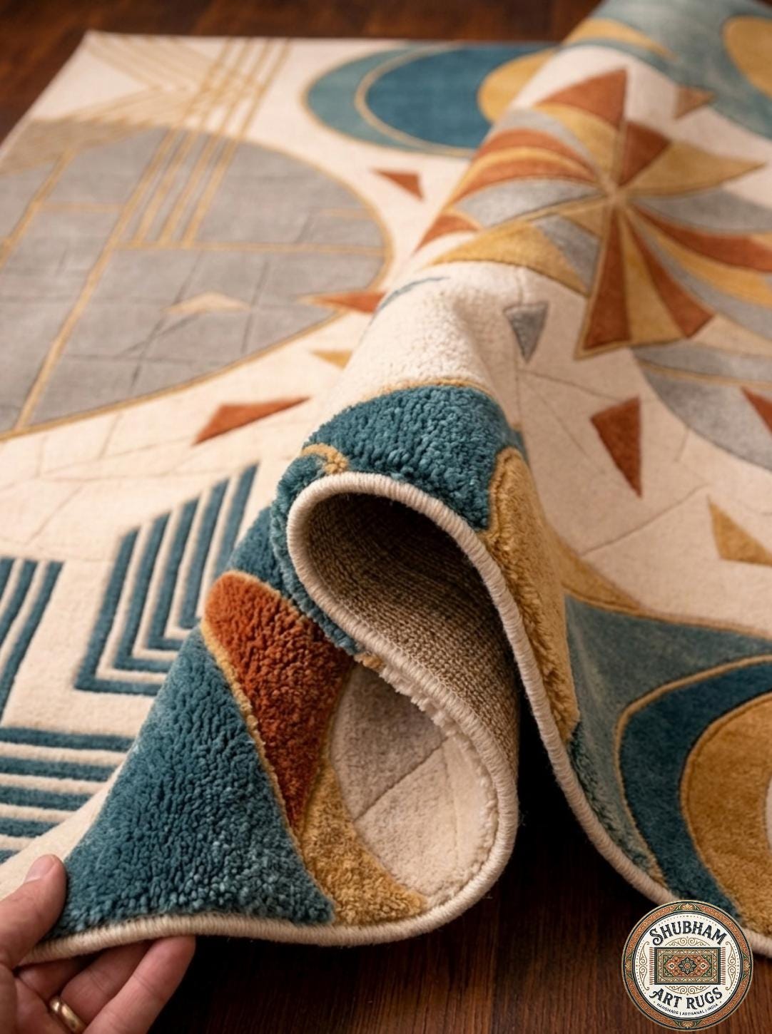 Hand Tufted Wool Rug, Abstract Celestial Geometric Carpet, Boho Living Room Area Rug