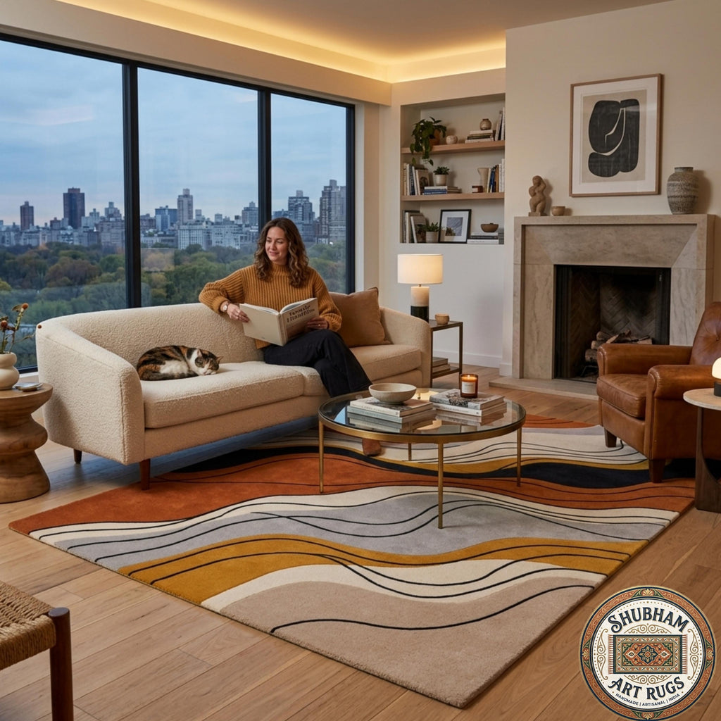 Hand Tufted Wool Rug, Abstract Organic Wave Carpet, Luxury Living Room Area Rug