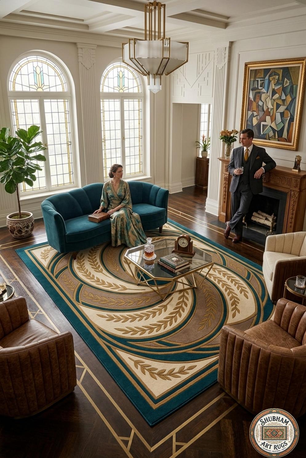 Hand Tufted Wool Rug: Abstract Swirl Leaf Design, Green Beige Gold Carpet