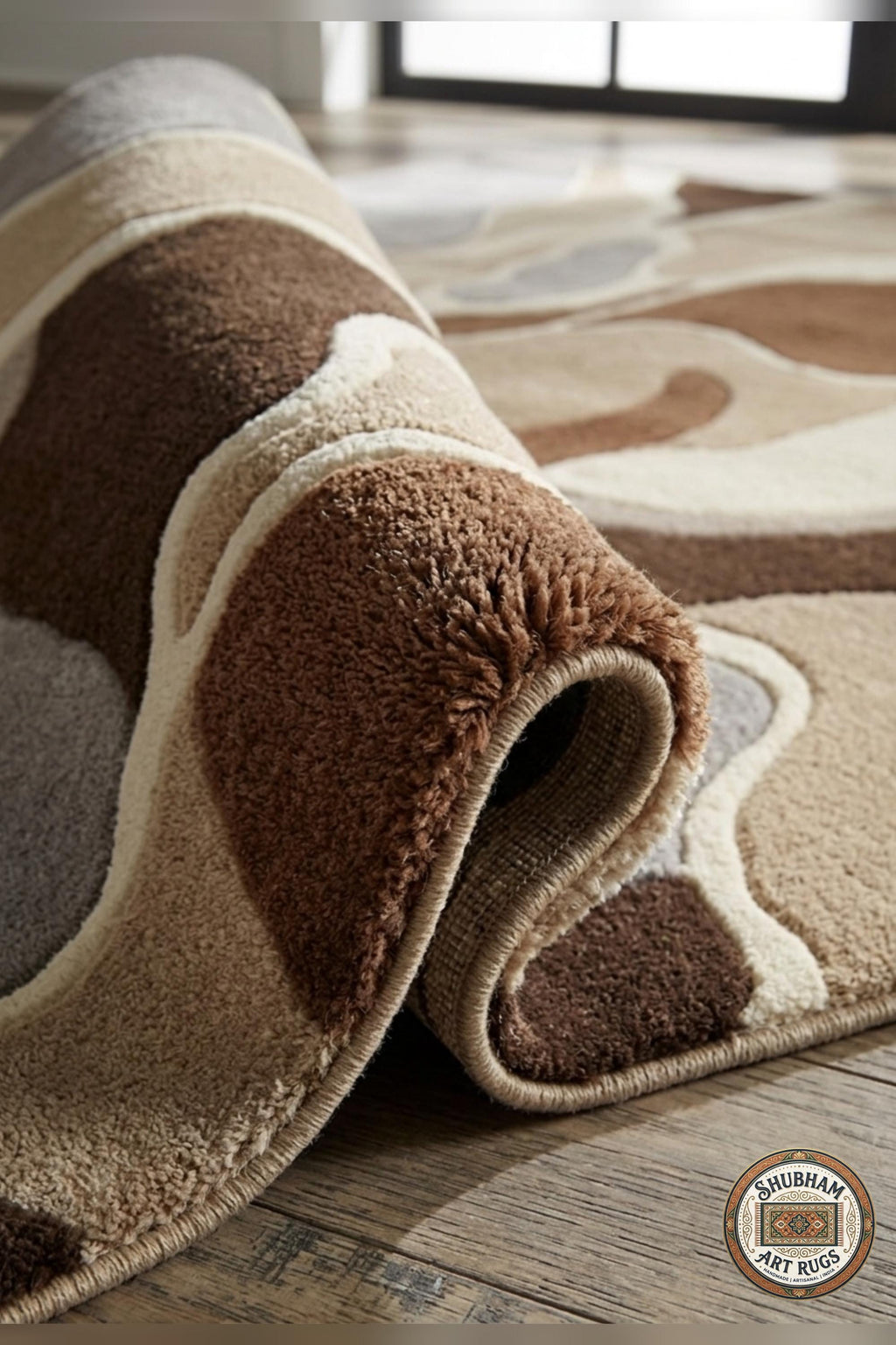 Hand Tufted Wool Rug, Abstract Organic Modern Area Carpet, Brown Beige Home Decor