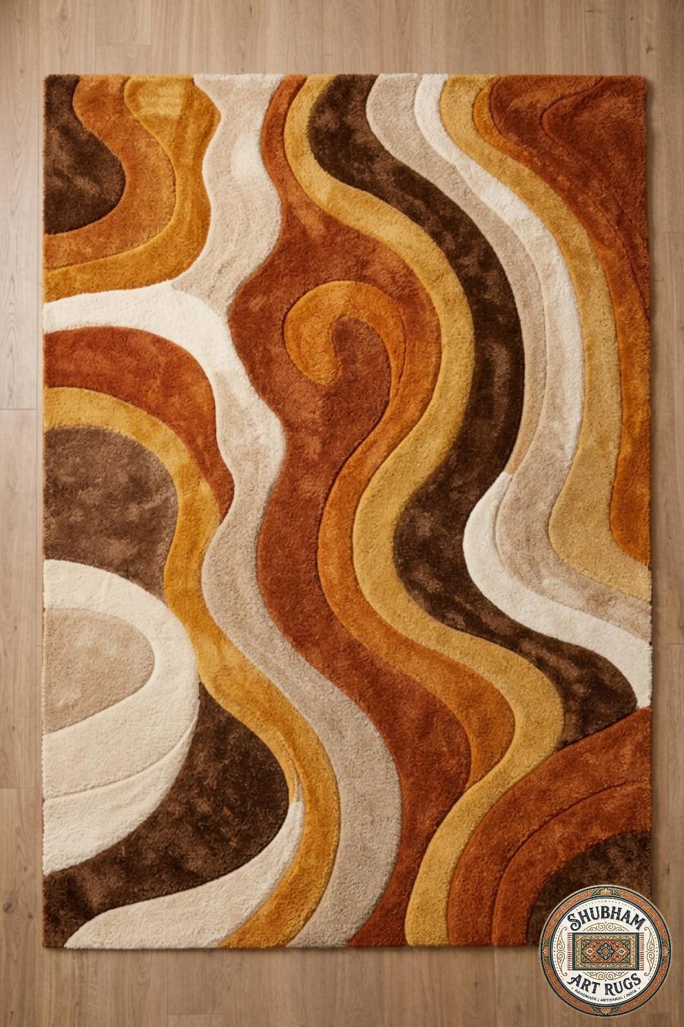 Hand Tufted Wool Rug: Retro Wavy Design, Mid Century Modern Carpet