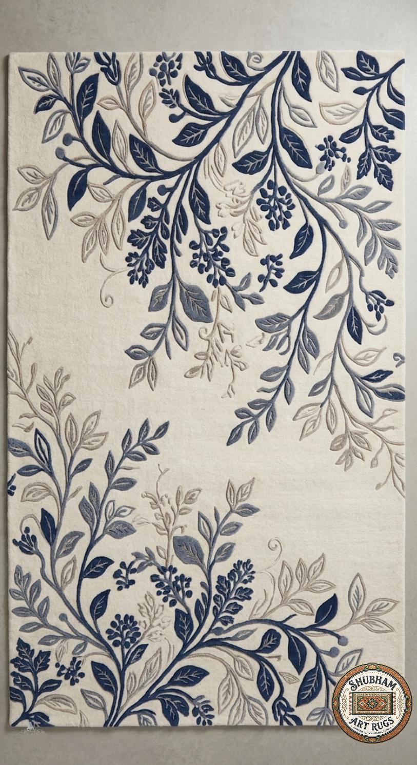 Hand Tufted Wool Botanical Rug, Blue Floral Area Carpet, Farmhouse Living Room Decor