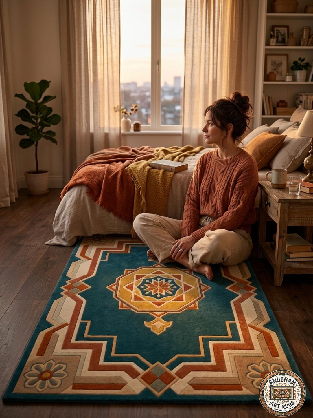 Teal Persian Medallion Wool Rug – Hand Tufted Geometric Living Room Carpet