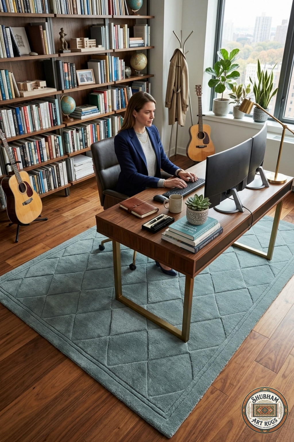 Alfombra de Lana Azul de Tufting Manual Geométrico – Tapete Moderno Minimalista para Sala de Estar