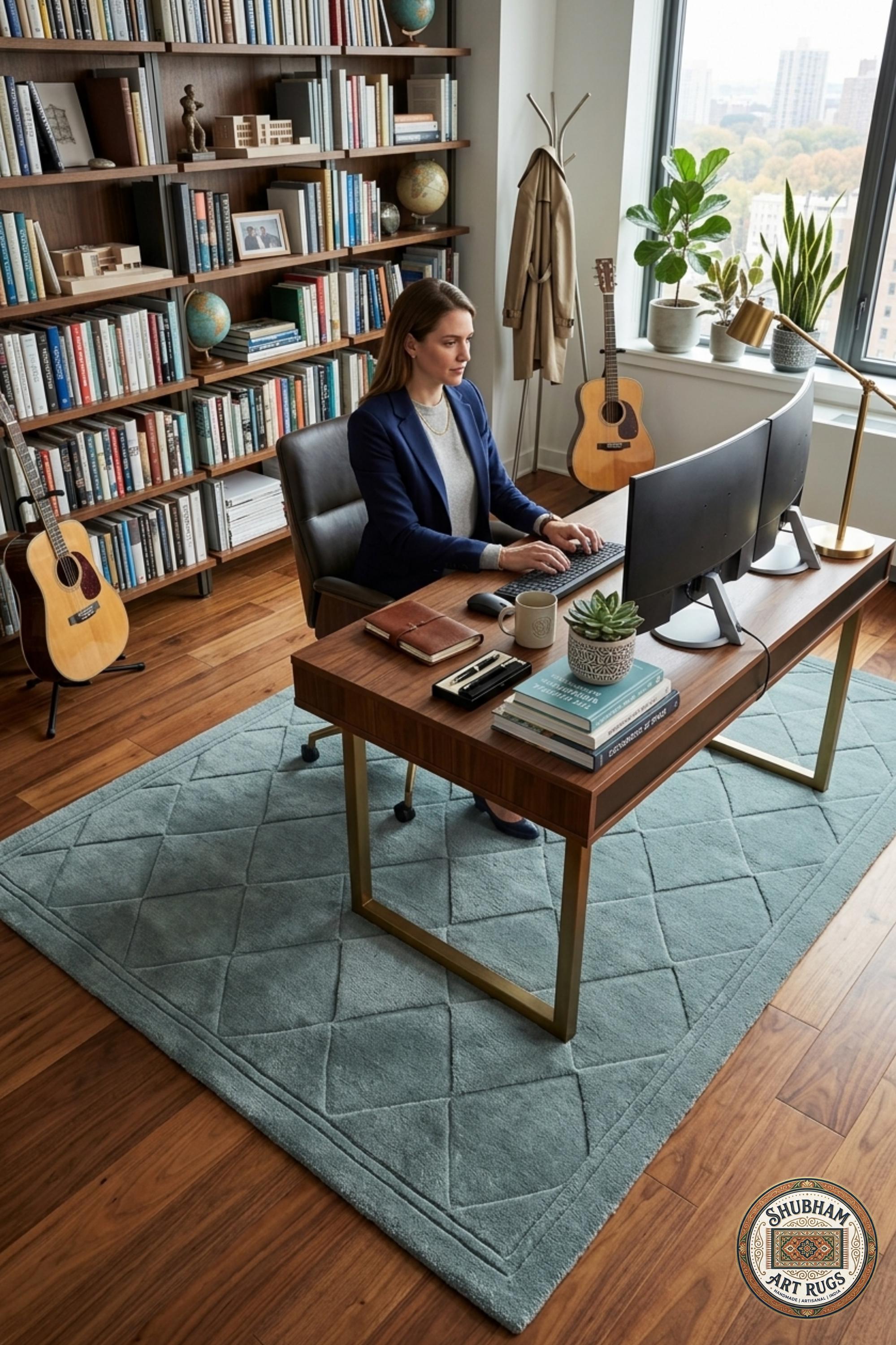 Alfombra de Lana Azul de Tufting Manual Geométrico – Tapete Moderno Minimalista para Sala de Estar