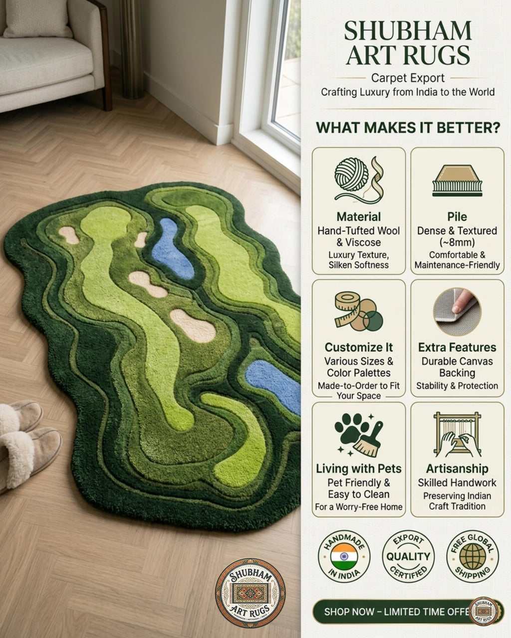 Hand Tufted Wool Golf Course Rug – Green Area Carpet Home Decor
