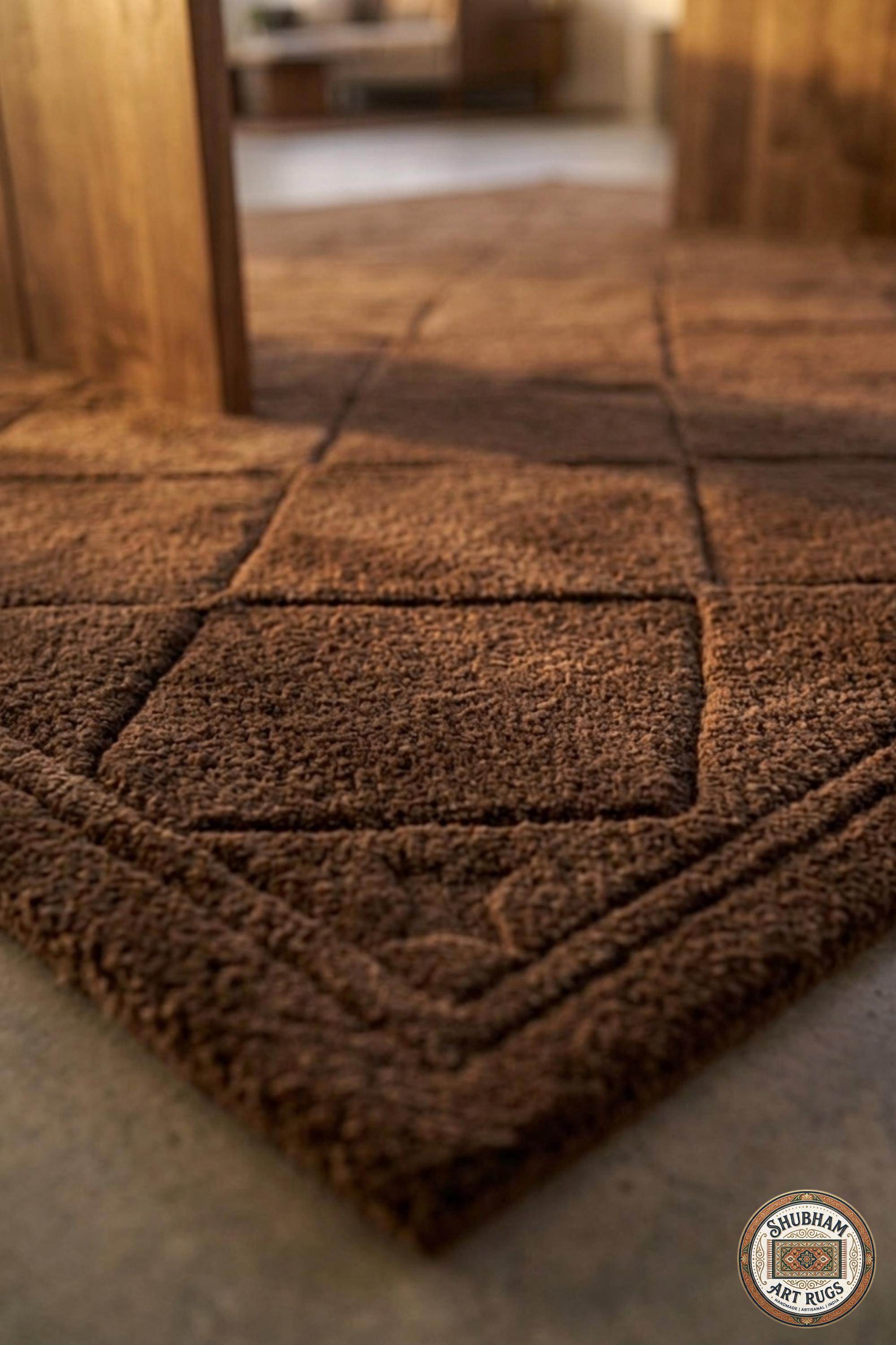 Hand Tufted Wool Rug: Brown Geometric Diamond Pattern, Plush Living Room Carpet