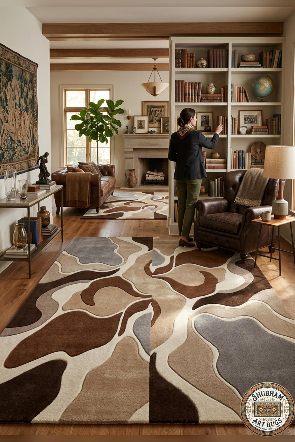 Hand Tufted Wool Rug, Abstract Organic Modern Area Carpet, Brown Beige Home Decor