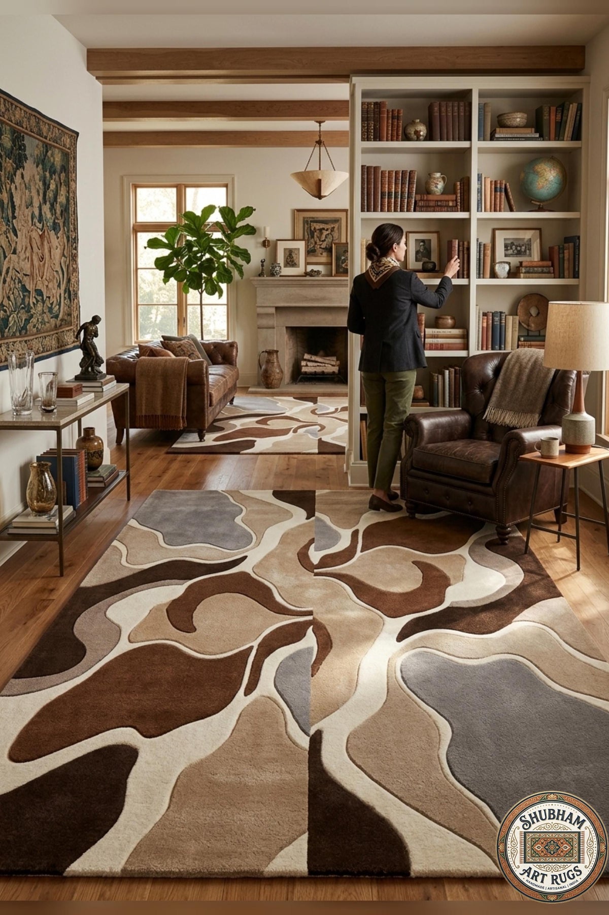 Hand Tufted Wool Rug, Abstract Organic Modern Area Carpet, Brown Beige Home Decor