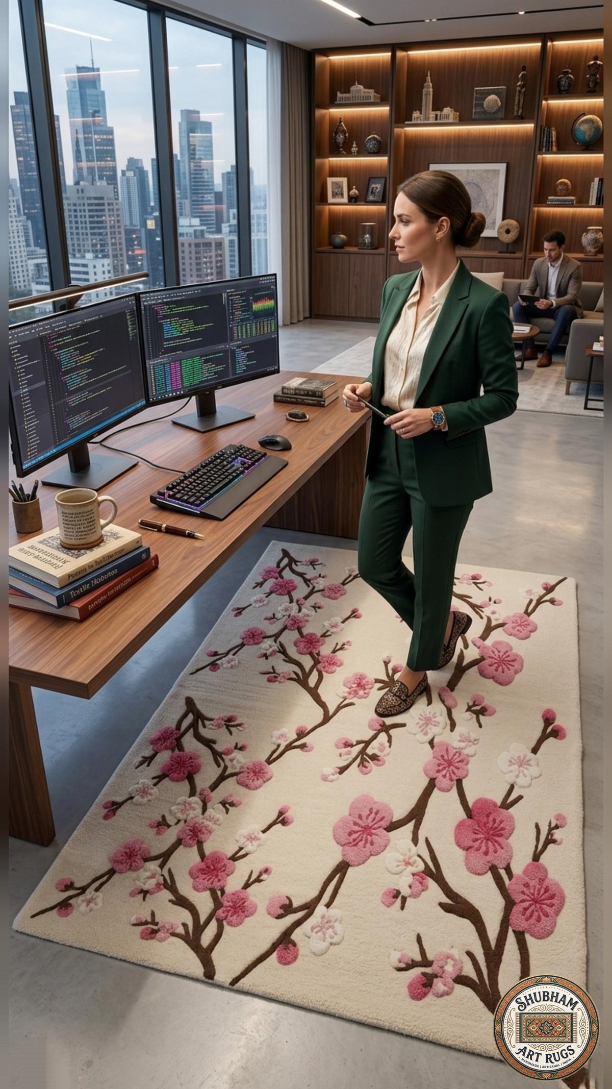 Hand Tufted Wool Cherry Blossom Rug, New Zealand Wool Botanical Carpet