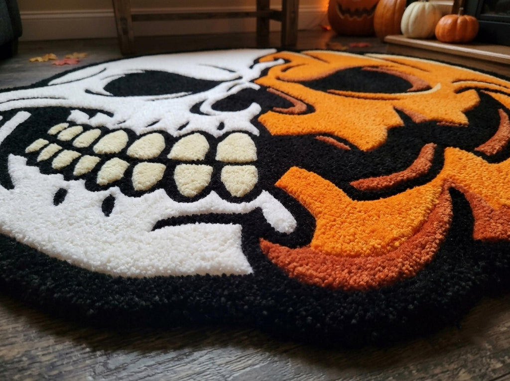 Hand Tufted Skull Pumpkin Halloween Wool Rug, Gothic Fall Decor Minimalist Living Room Carpet