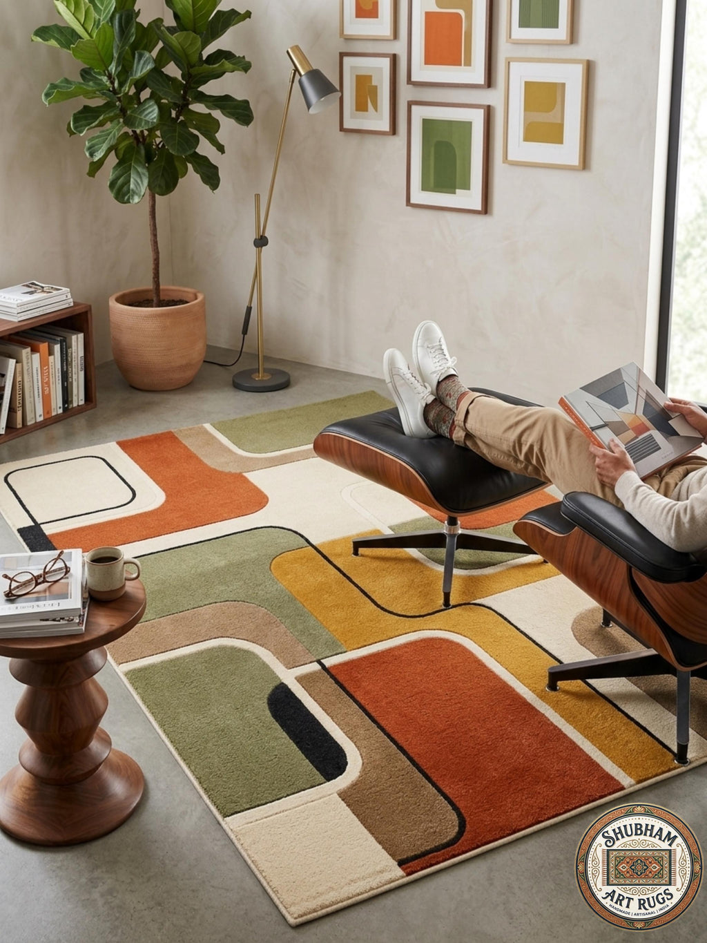 Hand Tufted Wool Rug, Mid Century Modern Abstract Geometric Carpet, Retro Runner