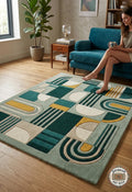 Sage Geometry Hand Tufted Wool Rug, Mid Century Modern Abstract Carpet