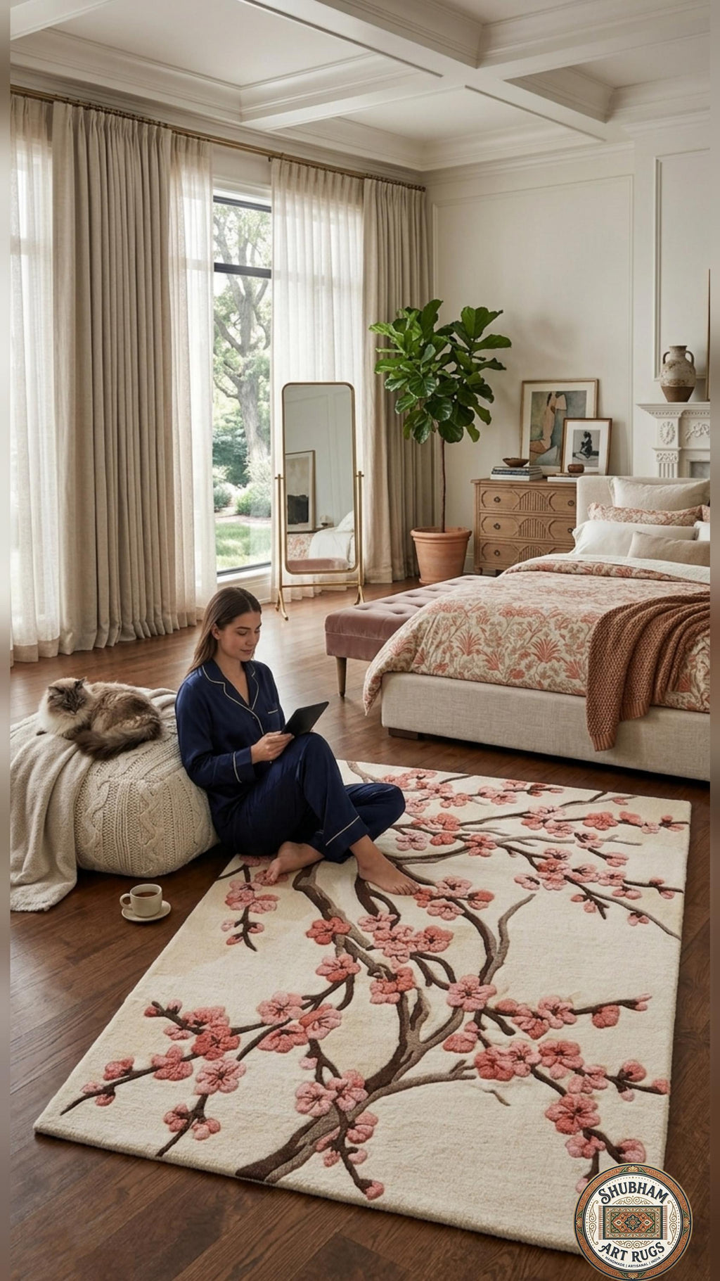 Hand Tufted Wool Rug, Cherry Blossom Floral, New Zealand wool, Japanese Style Carpet