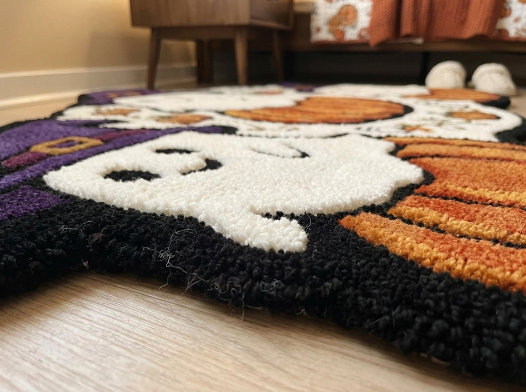 Hand Tufted New Zealand Wool Halloween Rug, Ghosts, Pumpkins, Witch Hats (Custom Shape)