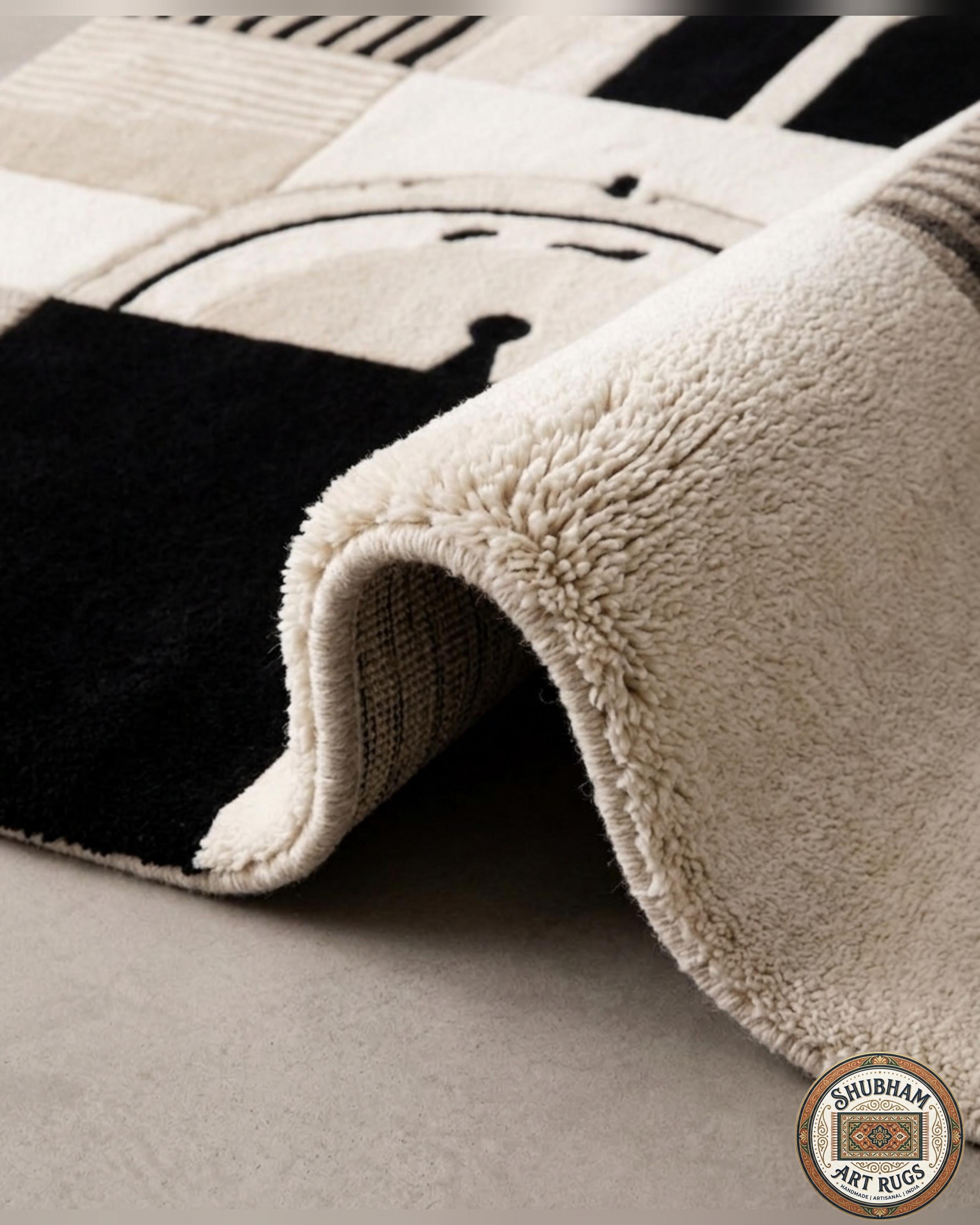 Hand Tufted Wool Rug, Modern Abstract Beige Black Carpet, Custom Area Living Room
