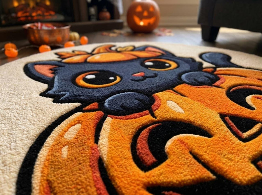 Hand Tufted Halloween Cat Pumpkin Rug, New Zealand Wool Autumn Decor