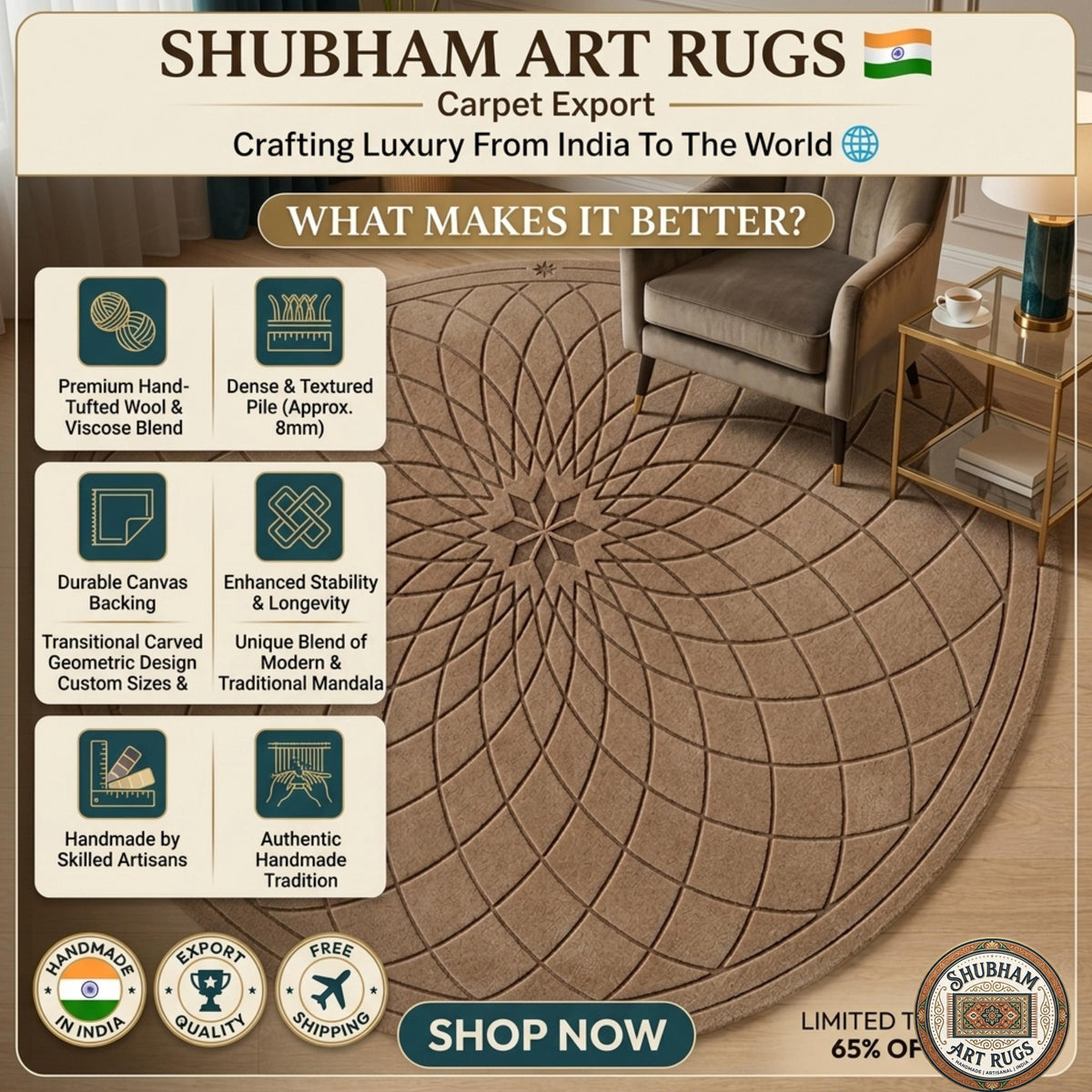 Hand Tufted Wool Round Rug, Modern Geometric Mandala Carpet, Organic Luxury Decor