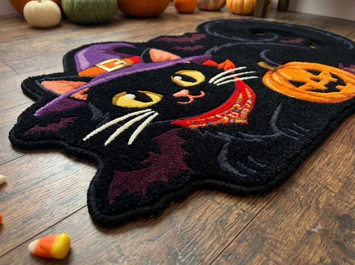 Hand Tufted Halloween Cat Rug, Black Cat Witch Rug, New Zealand Wool Area Rug, Spooky Pumpkin Decor, Gothic Fall Home Accent Gift Idea