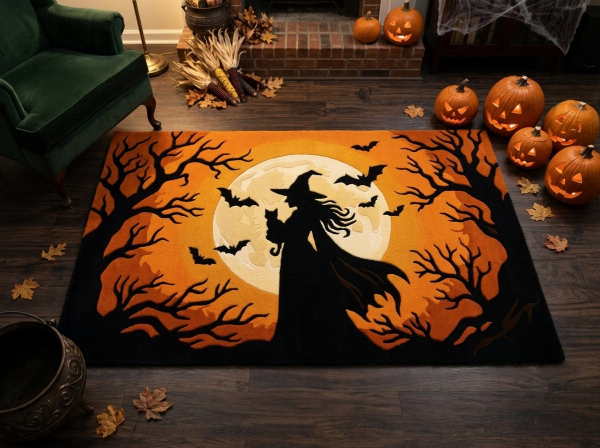 Halloween Witch Rug, Hand Tufted New Zealand Wool Rug, Gothic Orange Moon Bat Carpet, Spooky Fall Decor, Halloween Living Room Rug