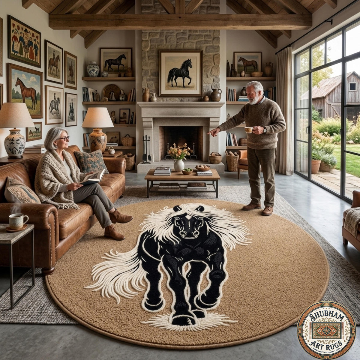 Hand Tufted Black Horse Wool Rug, Artistic Animal Area Carpet