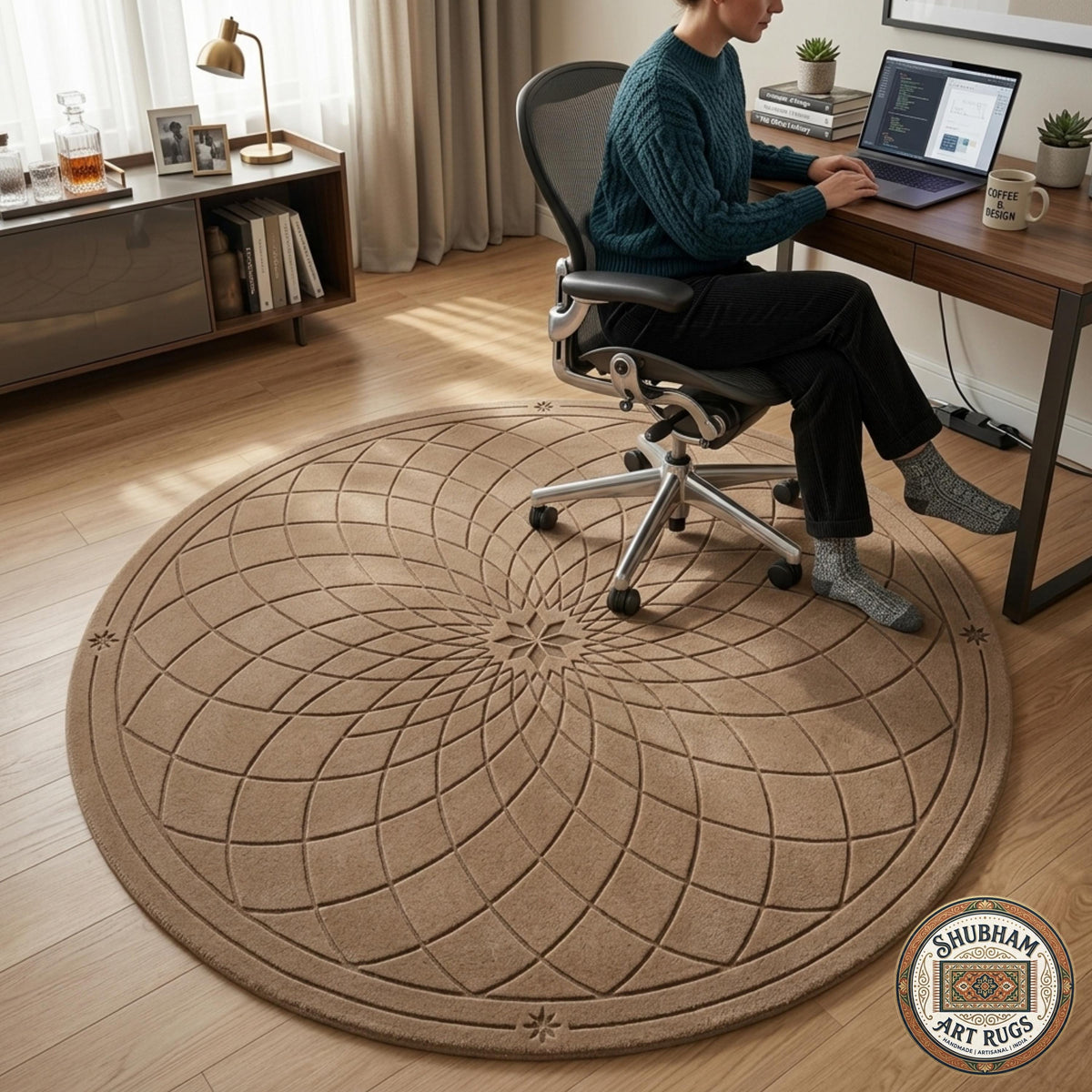 Hand Tufted Wool Round Rug, Modern Geometric Mandala Carpet, Organic Luxury Decor