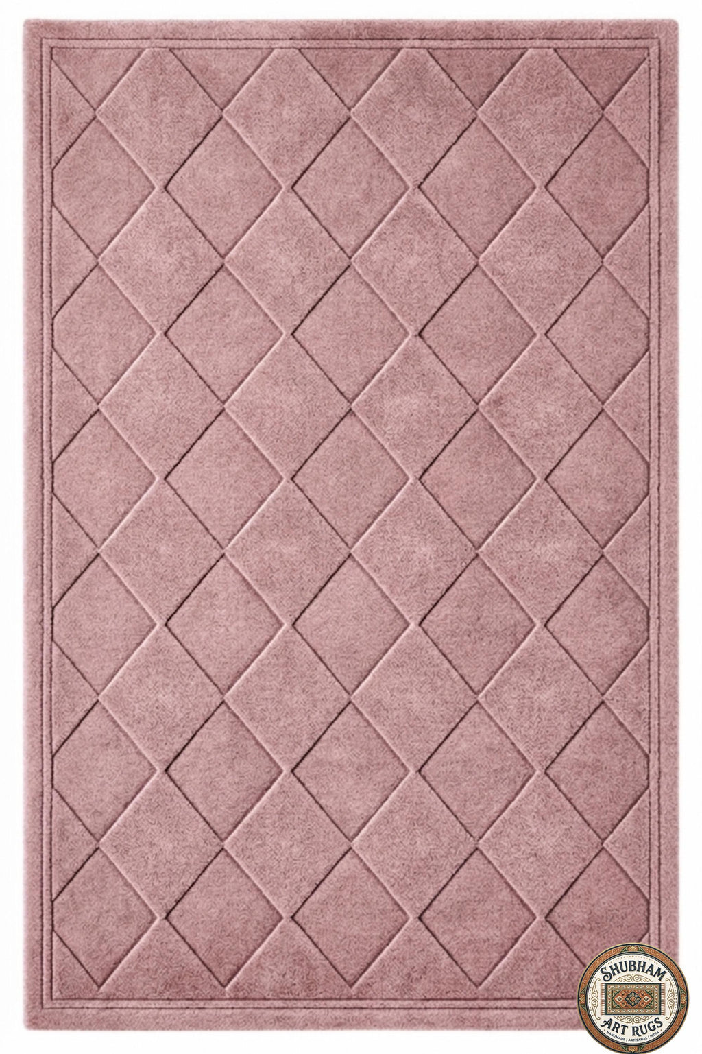 Hand Tufted Wool Rug: pink Geometric Diamond, Modern Minimalist Carpet, Soft Dense Pile