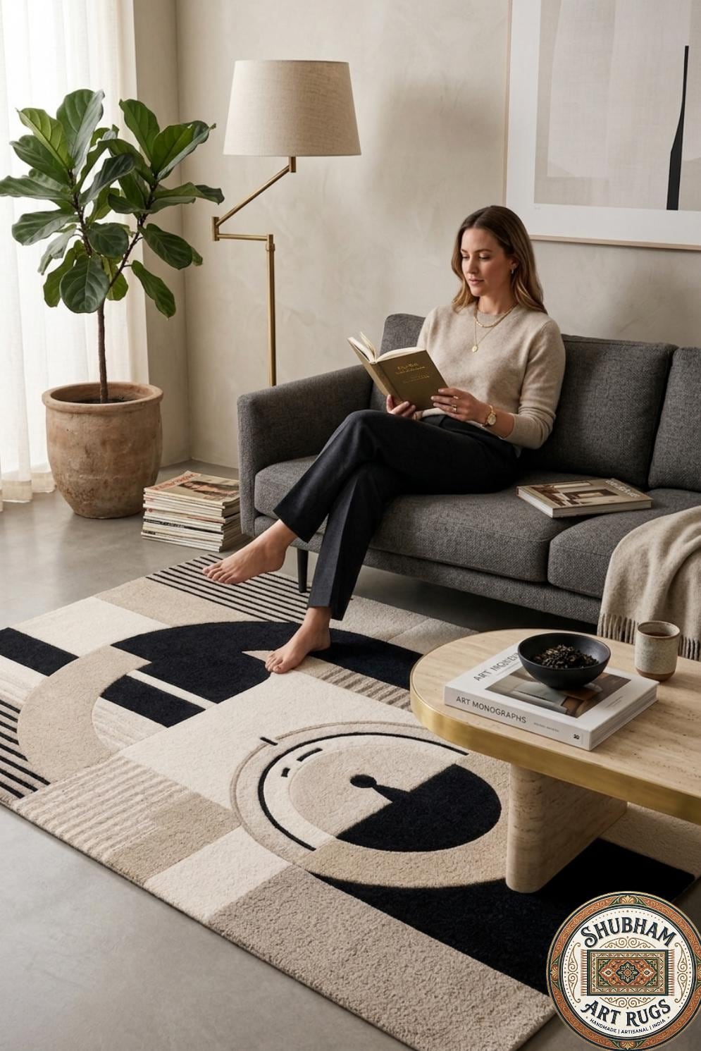 Hand Tufted Wool Abstract Round Rug, Black Beige Geometric Modern Carpet