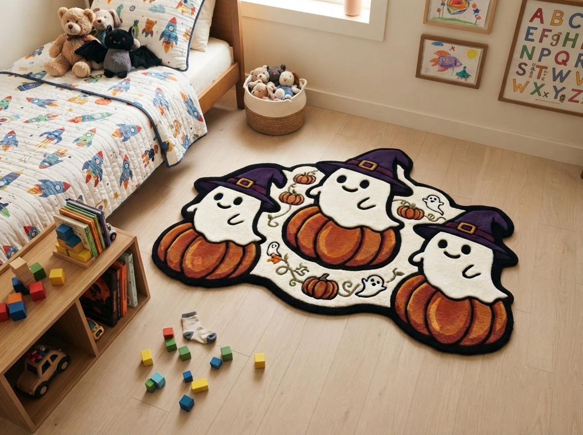 Hand Tufted New Zealand Wool Halloween Rug, Ghosts, Pumpkins, Witch Hats (Custom Shape)