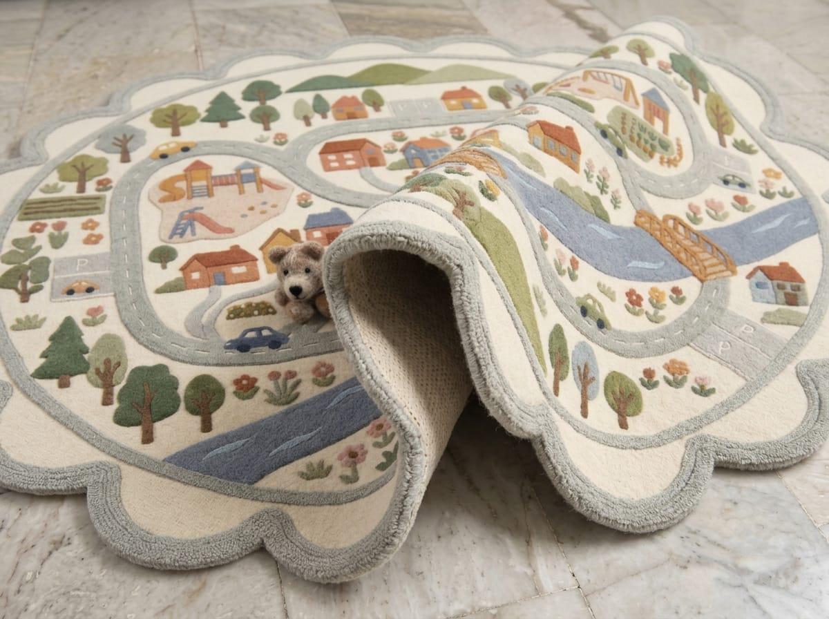 Hand Tufted New Zealand Wool Kids Road Map Rug Scalloped Border Playroom Boho Living Room Carpet