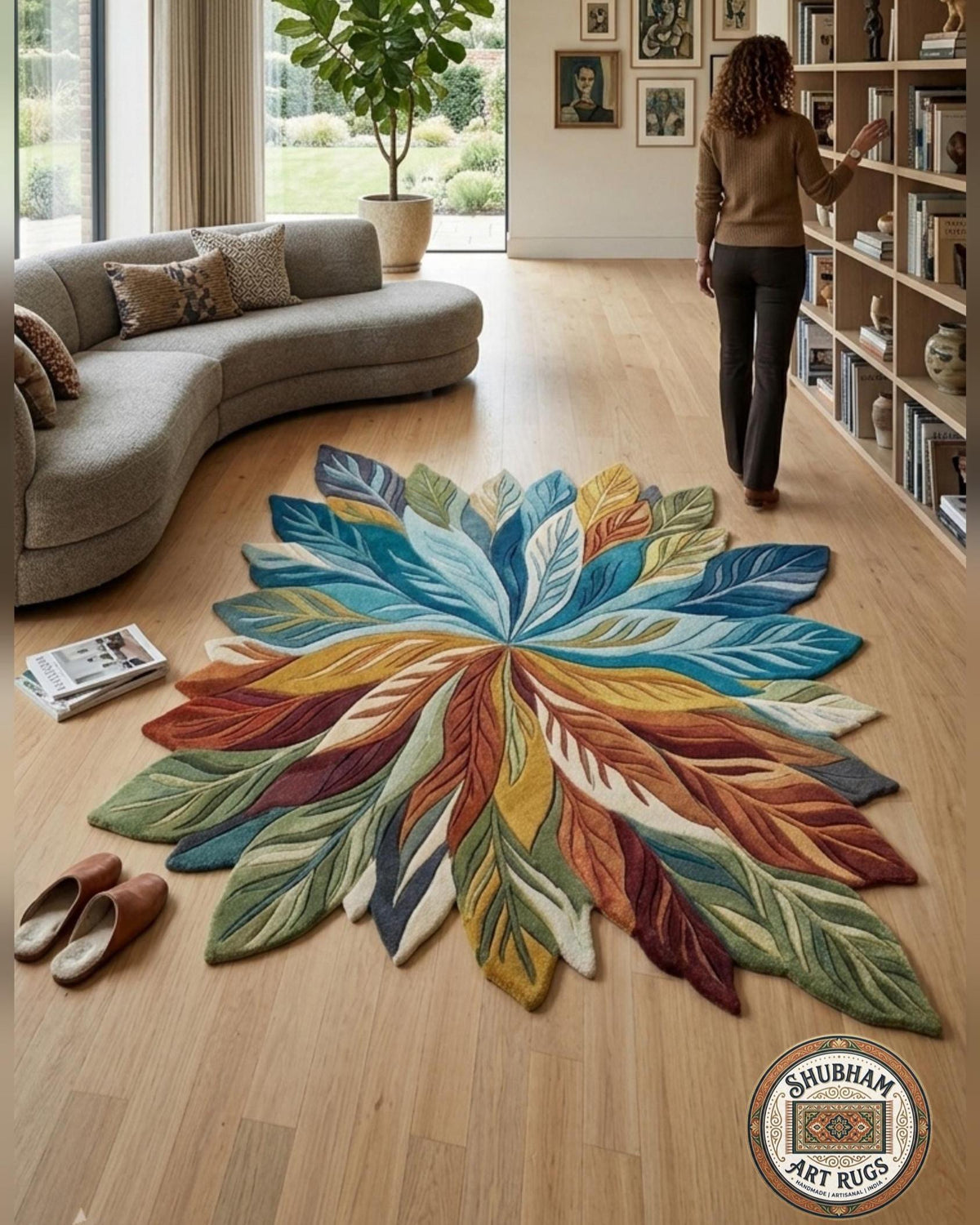Hand Tufted Wool Leaf Rug, Botanical Area Carpet, Modern Colorful Design