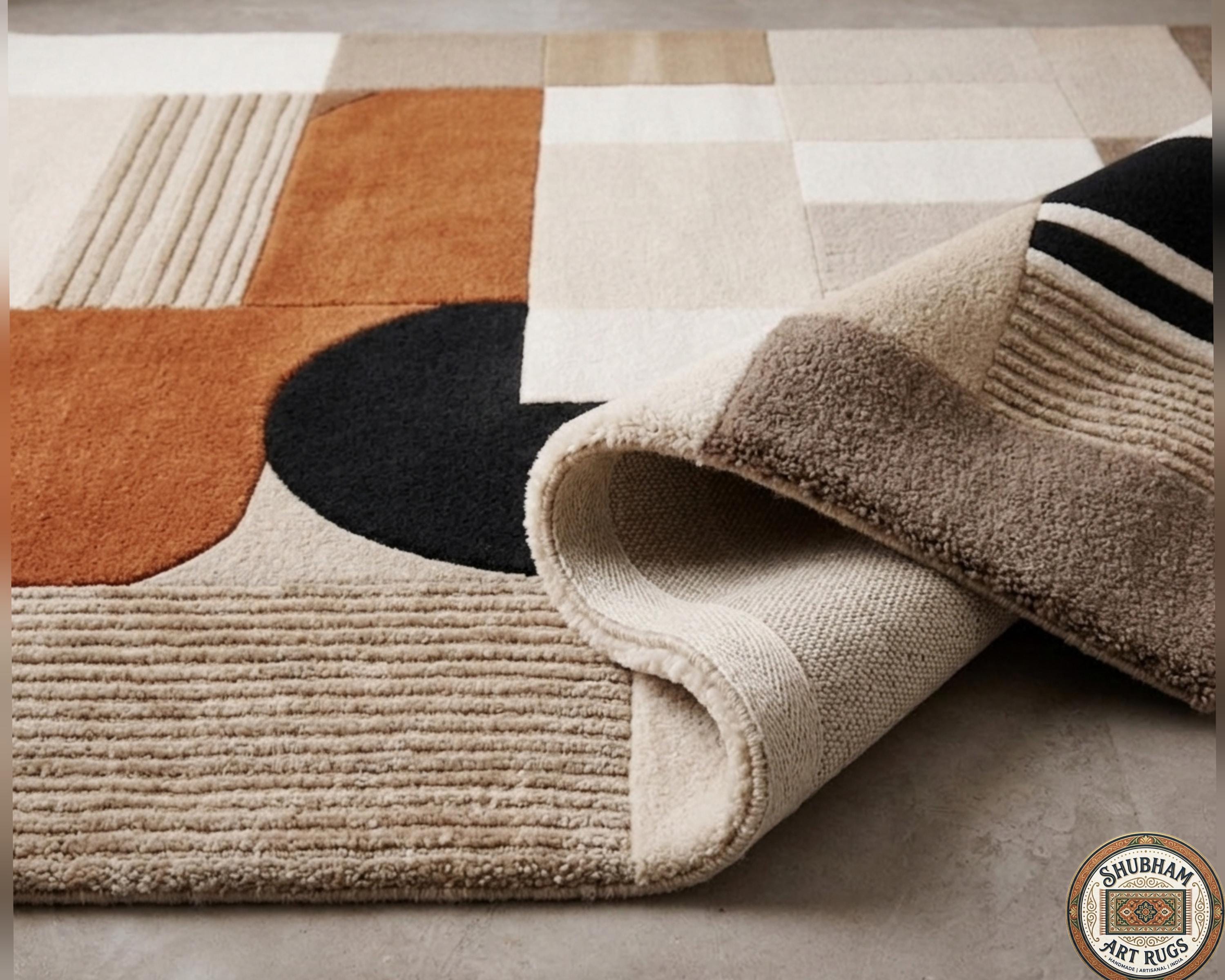 Hand Tufted Wool Rug, Modern Abstract Geometric Beige Terracotta Black Carpet