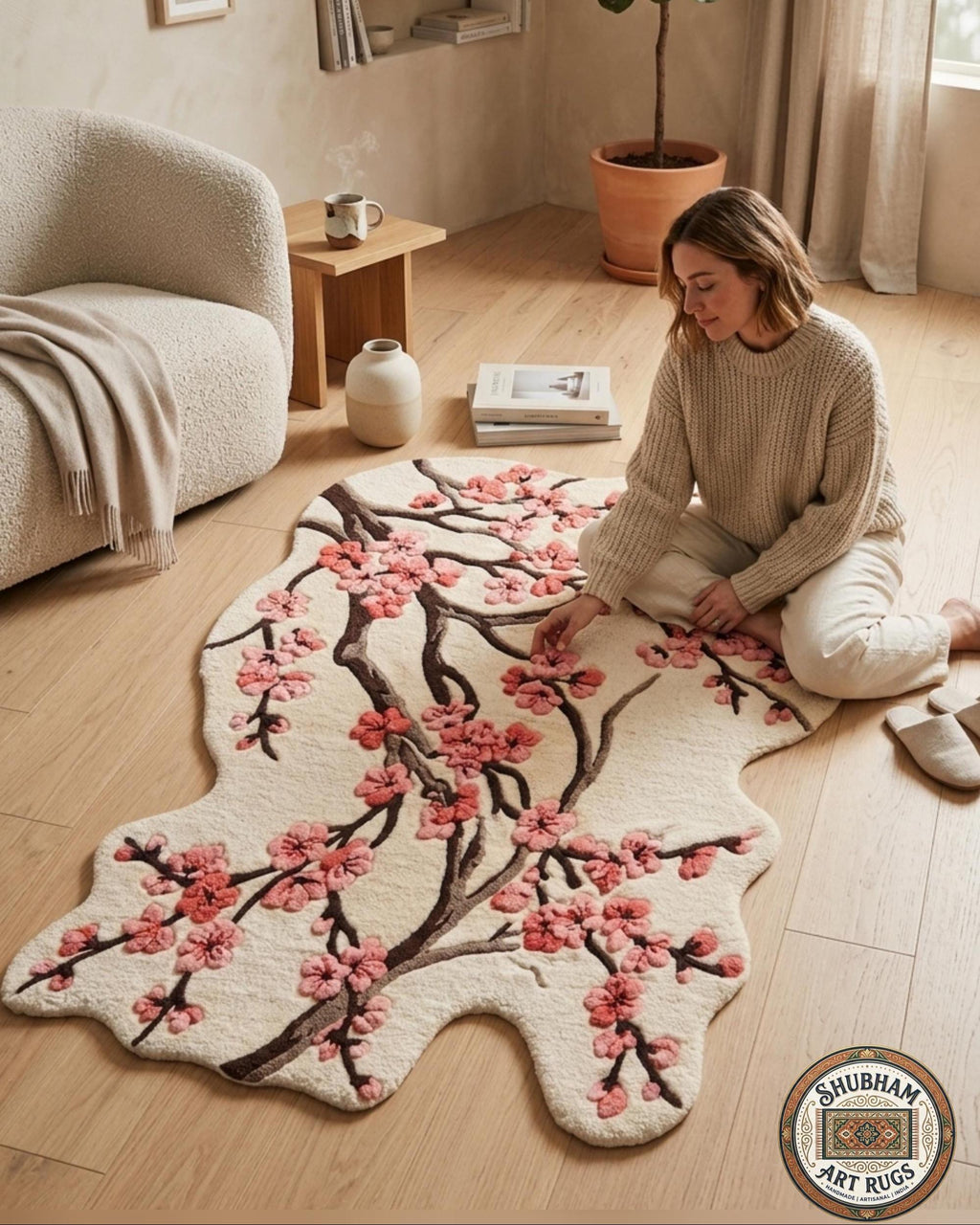 Hand Tufted Cherry Blossom Wool Rug, New Zealand Wool, Organic Floral Carpet Runner