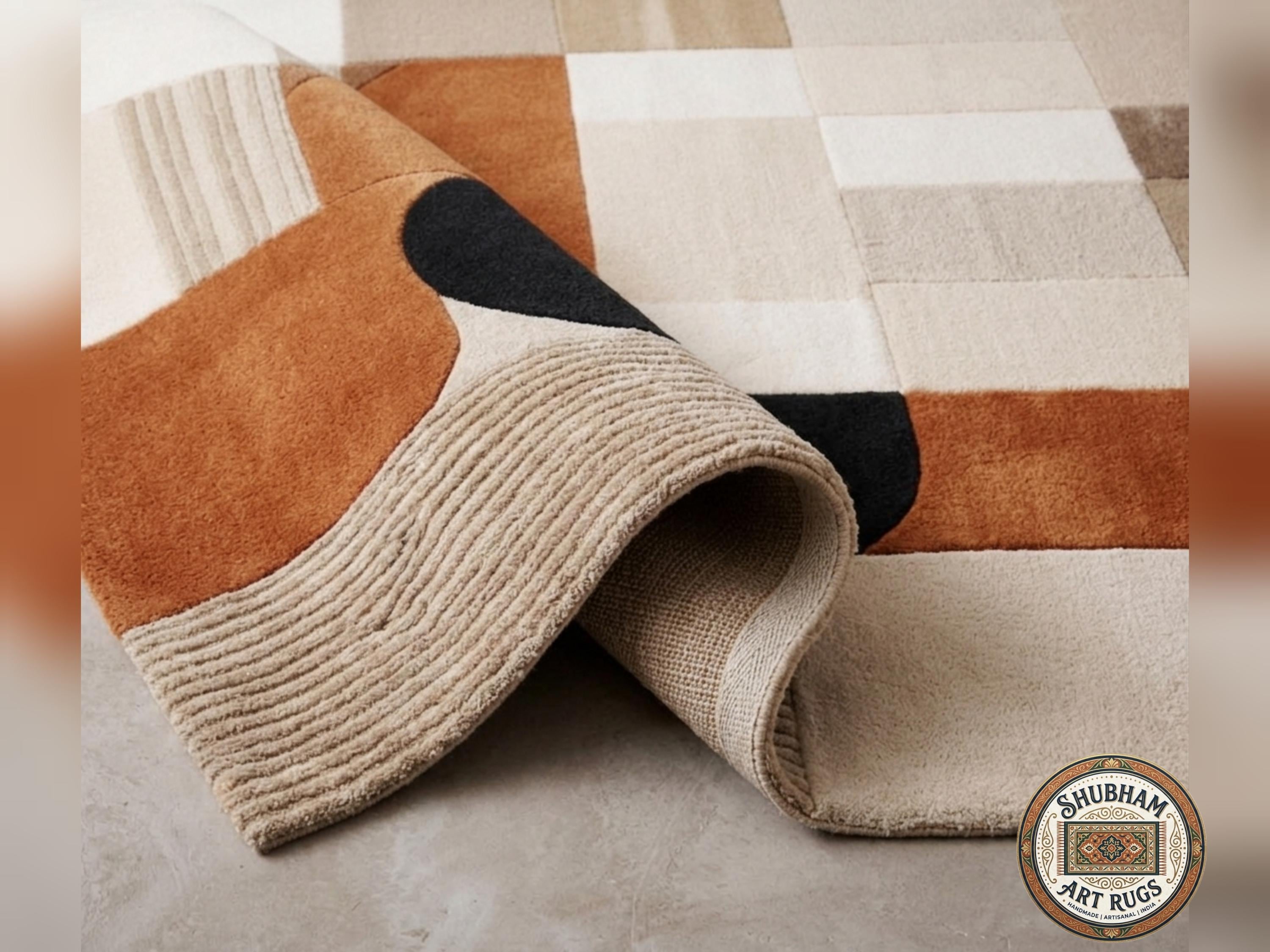 Hand Tufted Wool Rug, Modern Abstract Geometric Beige Terracotta Black Carpet