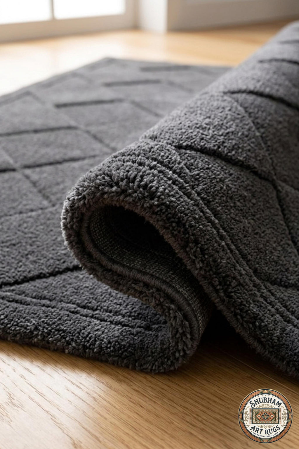 Hand Tufted Wool Rug: Dark Grey Geometric Diamond, Modern Minimalist Area Carpet