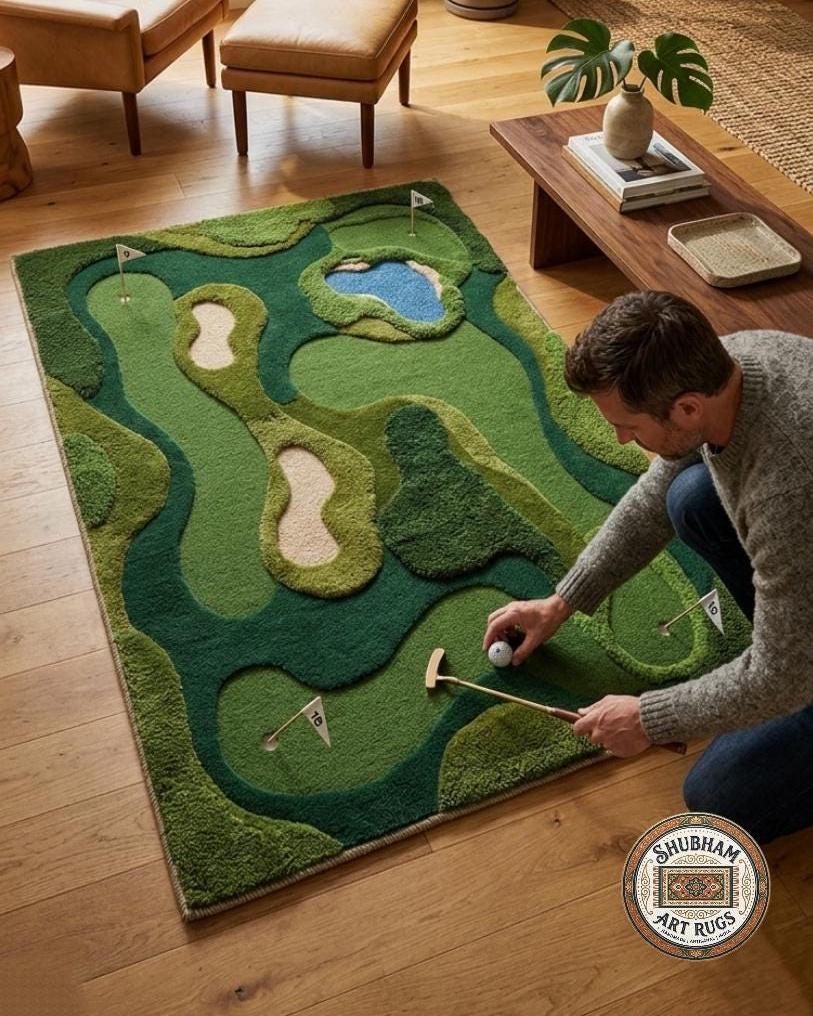 Hand Tufted Wool Golf Course Rug – Mini Golf Abstract Carpet Living Room Decor