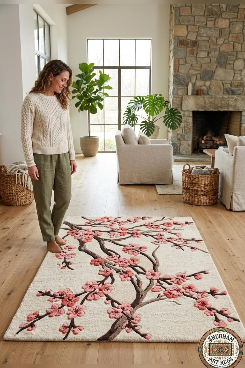 Hand Tufted Wool Cherry Blossom Rug, Sakura Floral Area Carpet, Luxury Decor