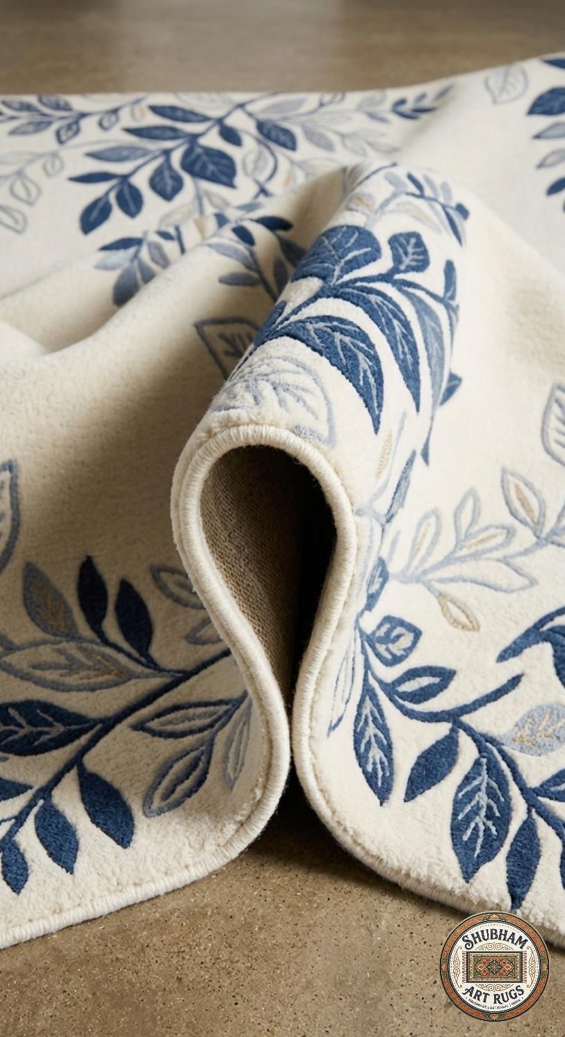 Blue Floral Hand Tufted Wool Rug, Botanical Area Carpet, Living Room Bedroom Home