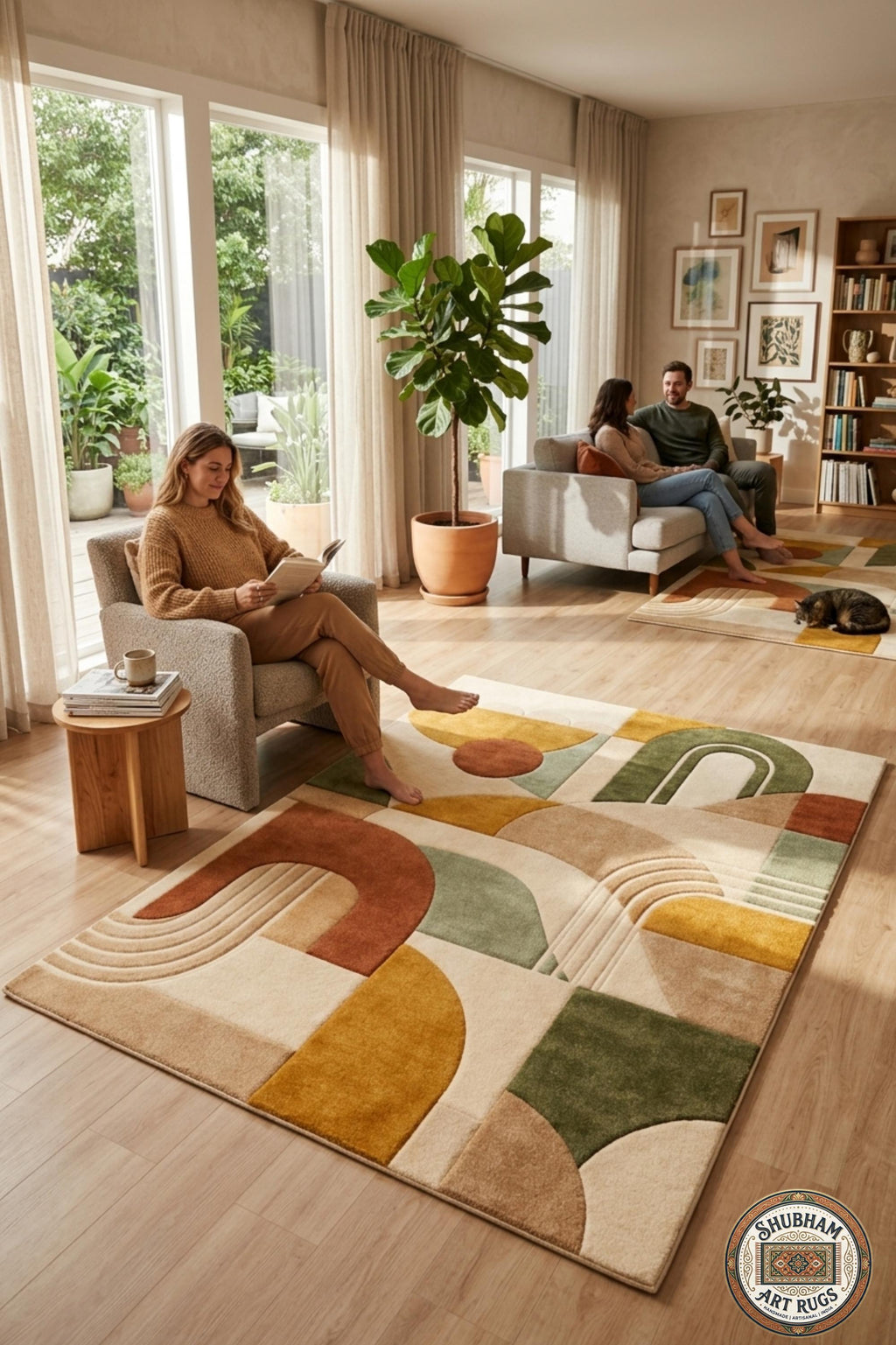 Alfombra abstracta de lana tejida a mano, alfombra redonda geométrica moderna, alfombra de área bohemia para sala de estar