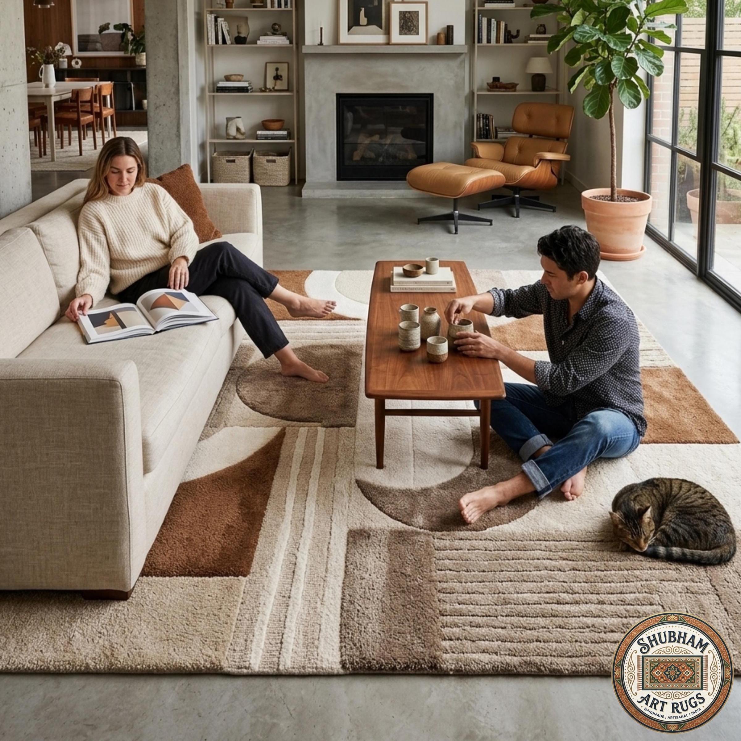 Hand Tufted Wool Rug, Modern Abstract Geometric Carpet, Neutral Beige Living Room Rug