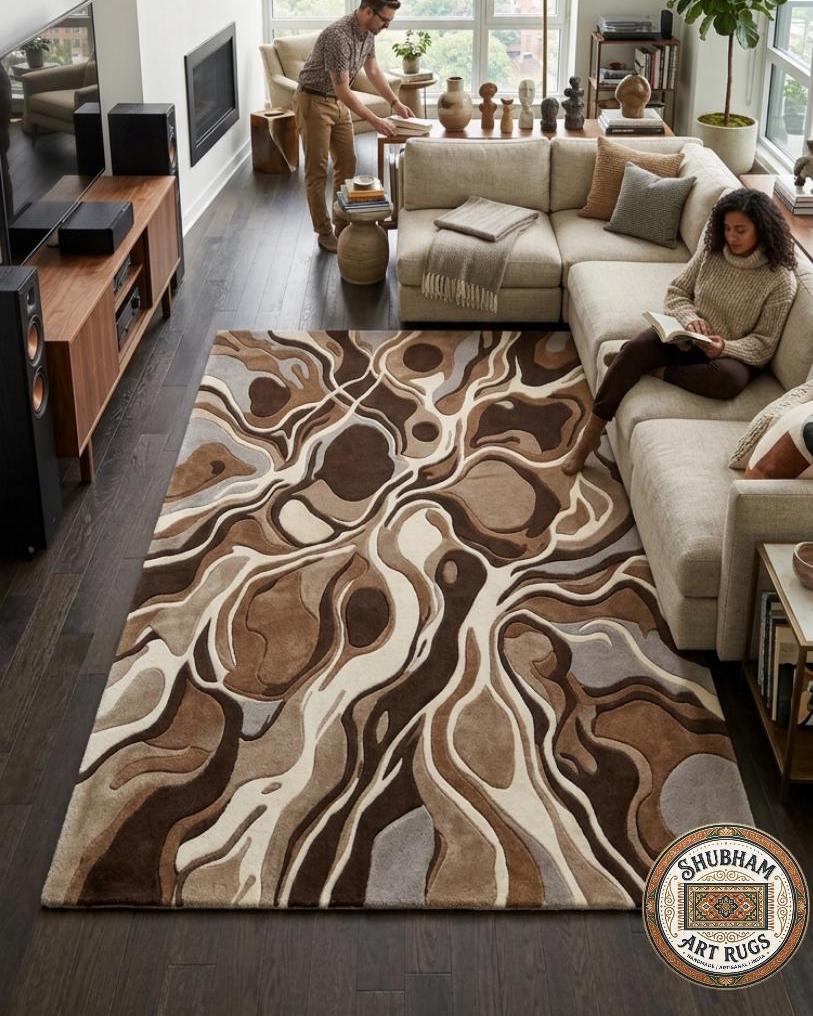 Hand Tufted Wool Rug, Abstract Brown Runner, Modern Organic Carpet, Neutral Beige Area Rug