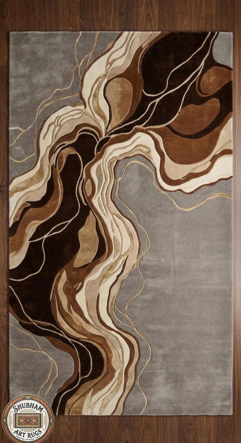 Hand Tufted Wool Abstract Rug: Modern Wavy Design, Neutral Brown Grey Carpet