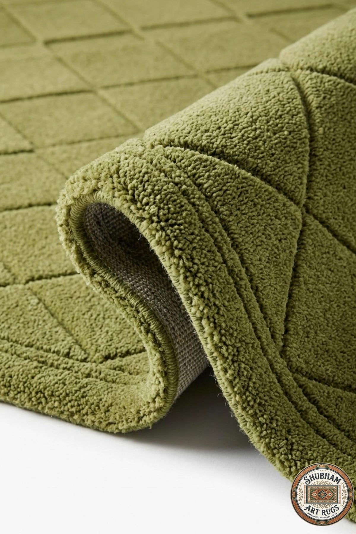 Hand Tufted Wool Rug: Green Geometric Diamond Carpet, Soft Dense Pile