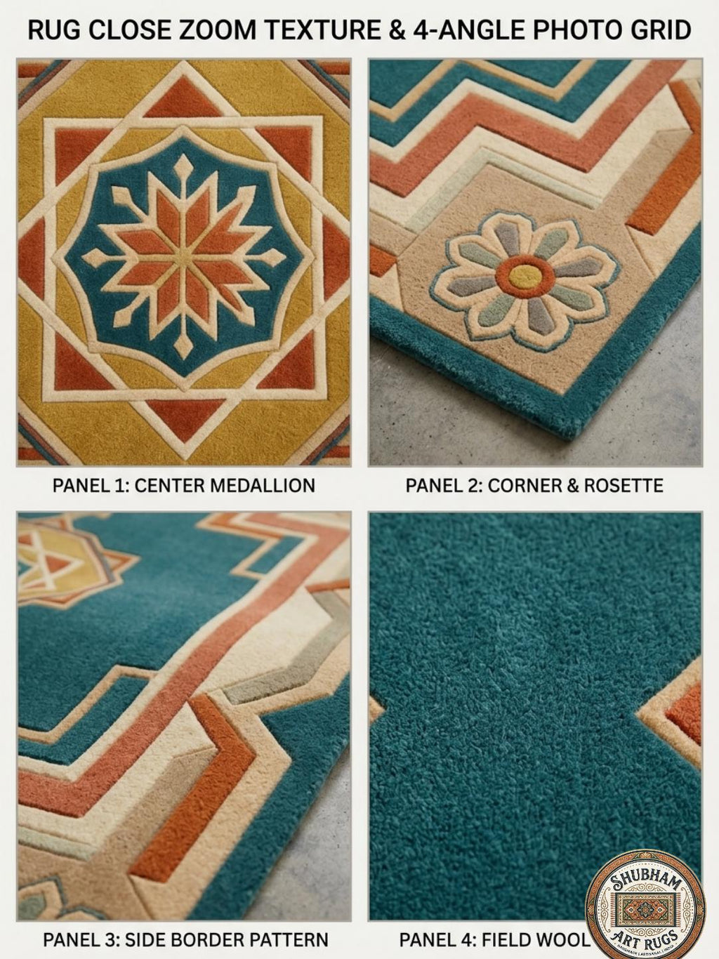 Teal Persian Medallion Wool Rug – Hand Tufted Geometric Living Room Carpet