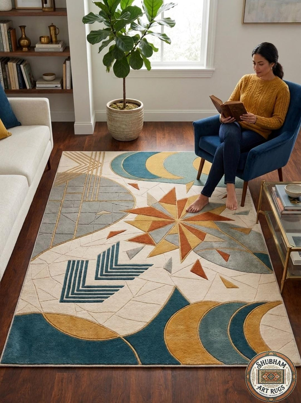 Hand Tufted Wool Rug, Abstract Celestial Geometric Carpet, Boho Living Room Area Rug