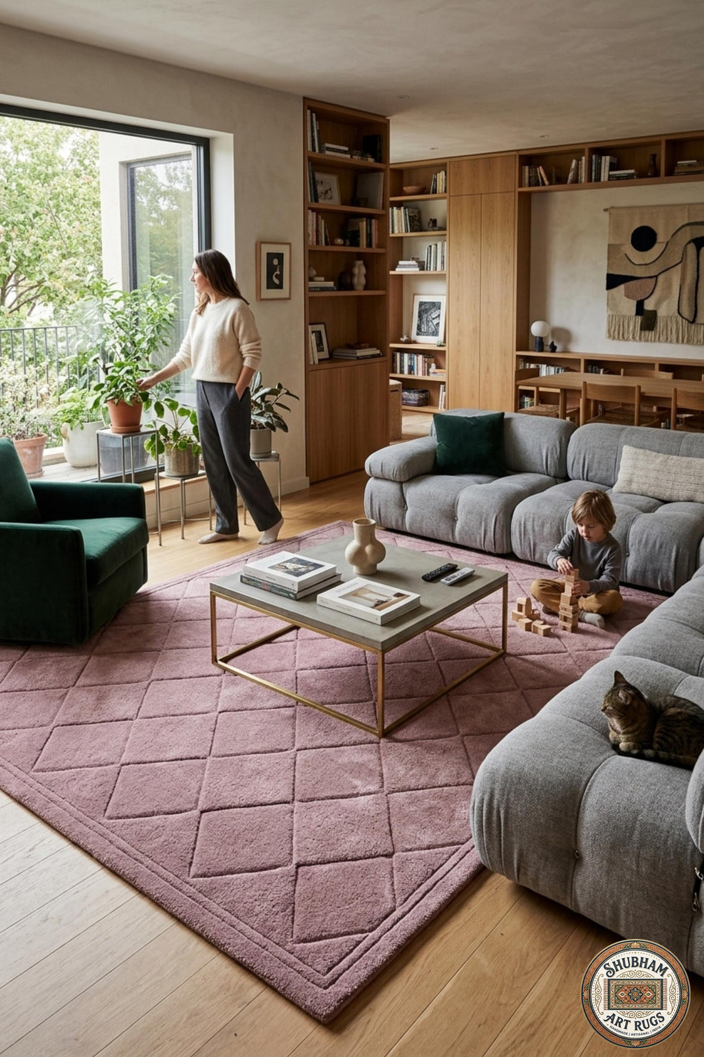 Hand Tufted Wool Rug: pink Geometric Diamond, Modern Minimalist Carpet, Soft Dense Pile