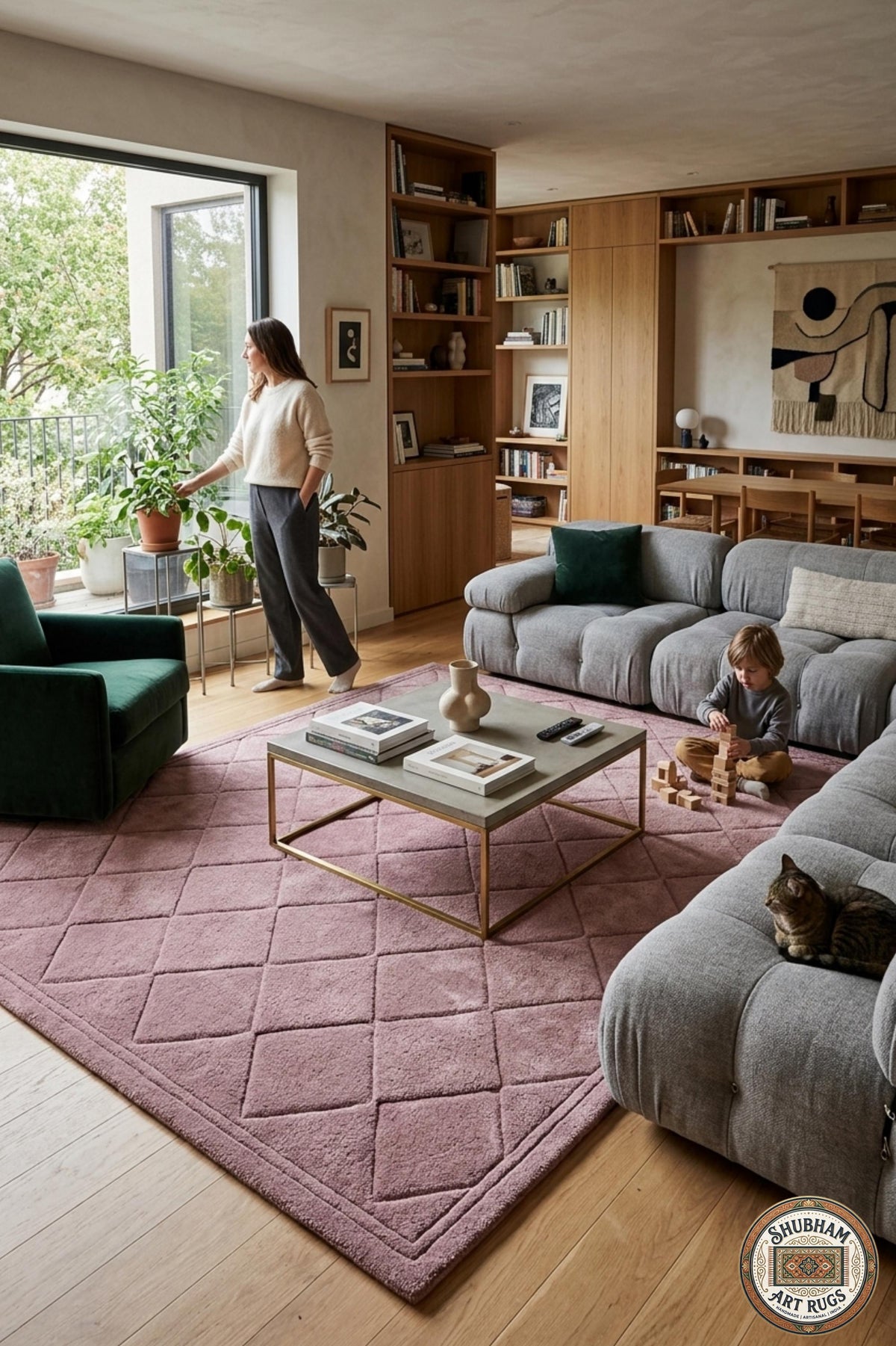 Hand Tufted Wool Rug: pink Geometric Diamond, Modern Minimalist Carpet, Soft Dense Pile