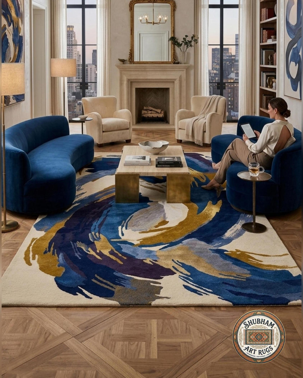 Abstract Blue Gold Wool Rug, Hand Tufted Modern Area Carpet, Custom Size